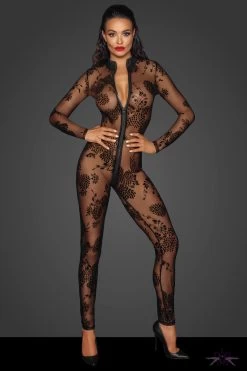 Noir Handmade Fabulous Tulle Catsuit -Sexy Lingerie Shop Mayfair StockingsF237 front BOX grey 2