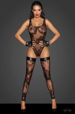 Noir Handmade Fabulous Sheer Floral Tulle Thong Bodysuit -Sexy Lingerie Shop Mayfair StockingsF242 front BOX grey 3