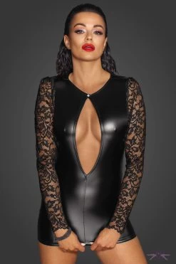 Noir Handmade Fabulous Short Long Sleeved Wetlook Dress -Sexy Lingerie Shop Mayfair StockingsF253 front grey 3