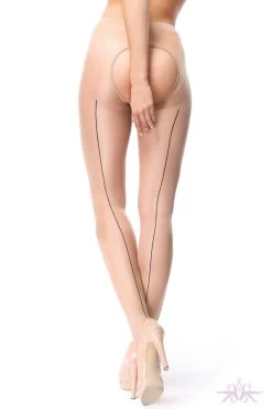 MissO 20 Denier Shiny Open Crotch Beige/Black Seamed Tights -Sexy Lingerie Shop Mayfair StockingsP211 visone2 4