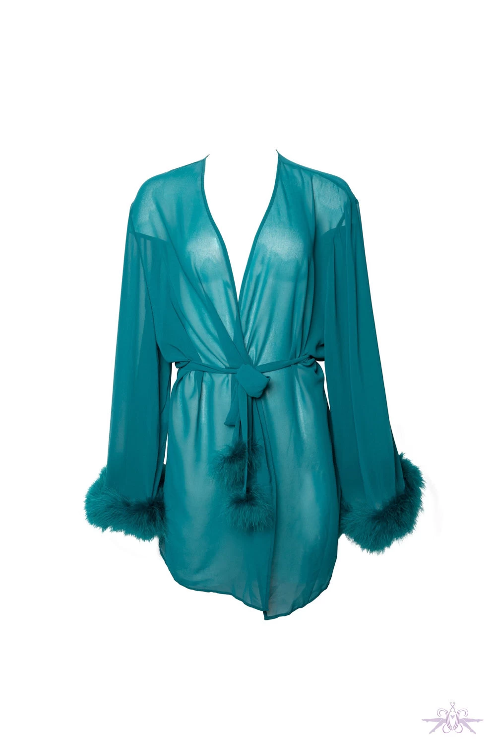 Playful Promises Bettie Page Feather Trim Teal Robe 5 Playful Promises Bettie Page Feather Trim Teal Robe - Image 3