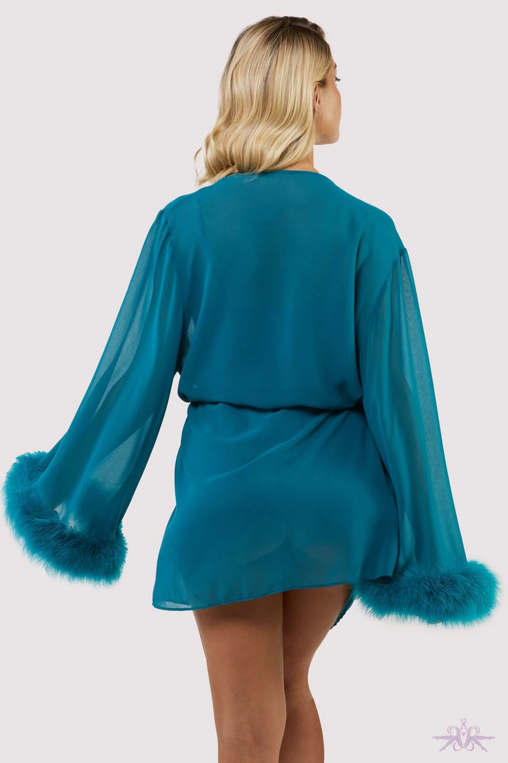 Playful Promises Bettie Page Feather Trim Teal Robe 6 Playful Promises Bettie Page Feather Trim Teal Robe - Image 4